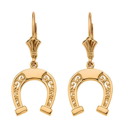 10k Yellow Gold Open Filigree Arc Horseshoe Lucky Drop/Dangle Leverback Earrings