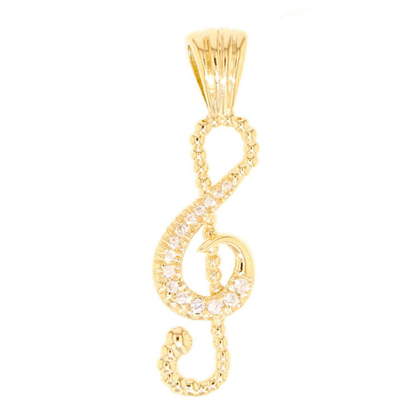 14K Solid Yellow Gold CZ Music Note Charm Pendant Necklace