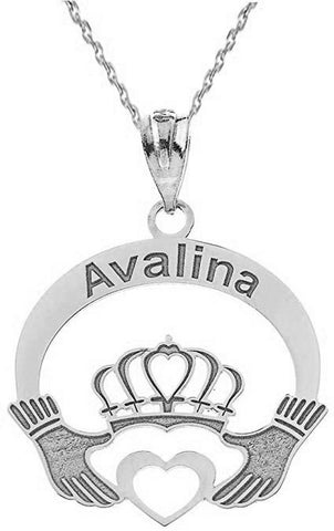 Personalized Engrave Name Sterling Silver Open Heart Claddagh Pendant Necklace