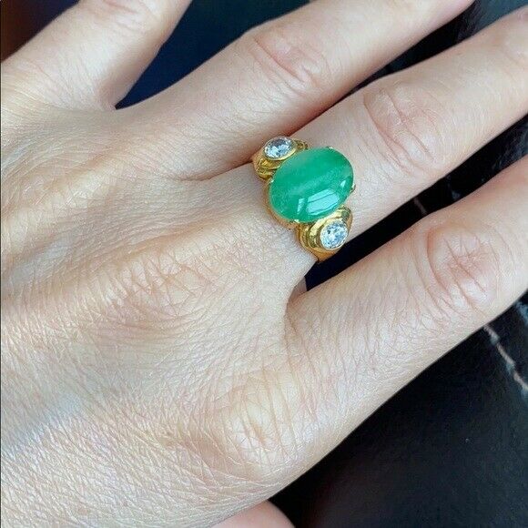 14K Solid Yellow Gold Oval Green Jade CZ Ring Size 5.5