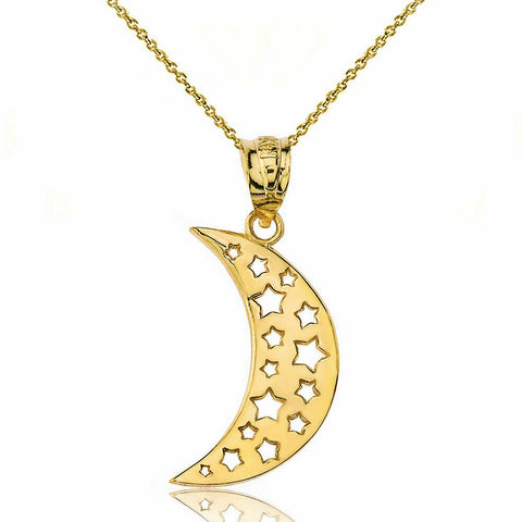 Solid 14k Yellow Gold Dreaming Moon Crescent Stars Pendant Necklace