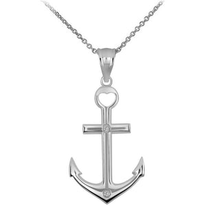 .925 Sterling Silver Sea Anchor CZ Cross Heart Pendant Necklace