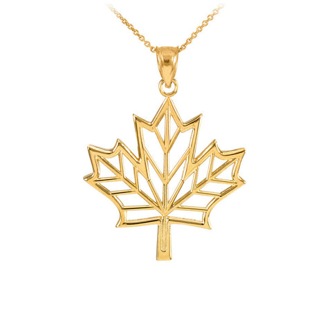 10K Solid Yellow Gold Open Design Maple Leaf Pendant Necklace