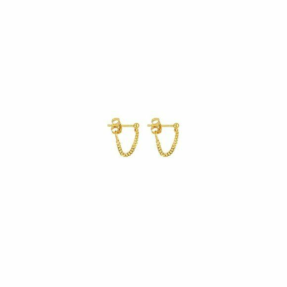 14K Solid Yellow Gold Front To Back Cuban Chain Stud Earrings -Minimalist