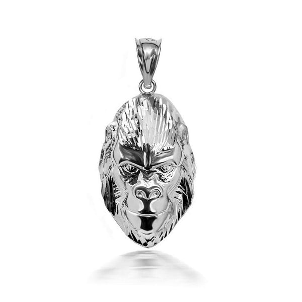 .925 Sterling Silver 3D Gorilla Head Primates High Polished Pendant Necklace