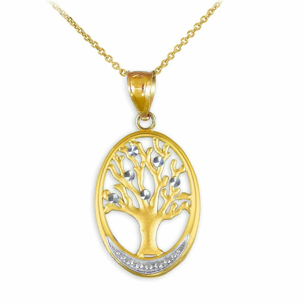 10K Solid Yellow Gold Tree Of Life Oval Charm Pendant Necklace 16" 18" 20" 22"
