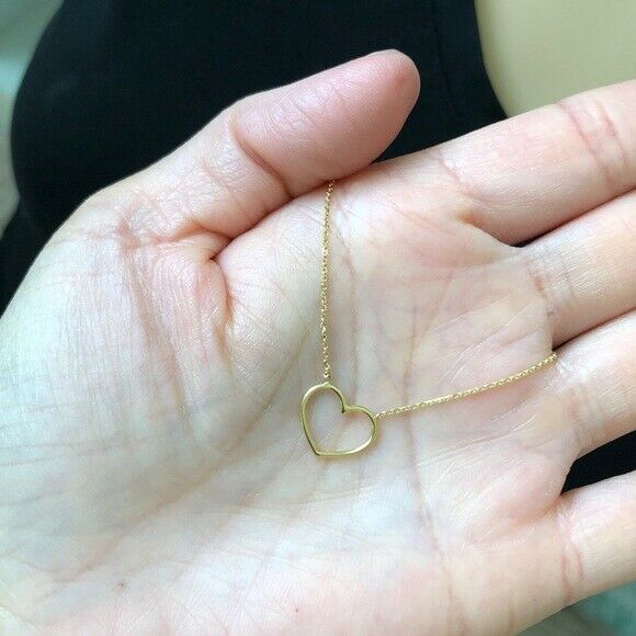 14K Solid White Gold Open Heart Cut Out Necklace - Minimalist  Adjustable
