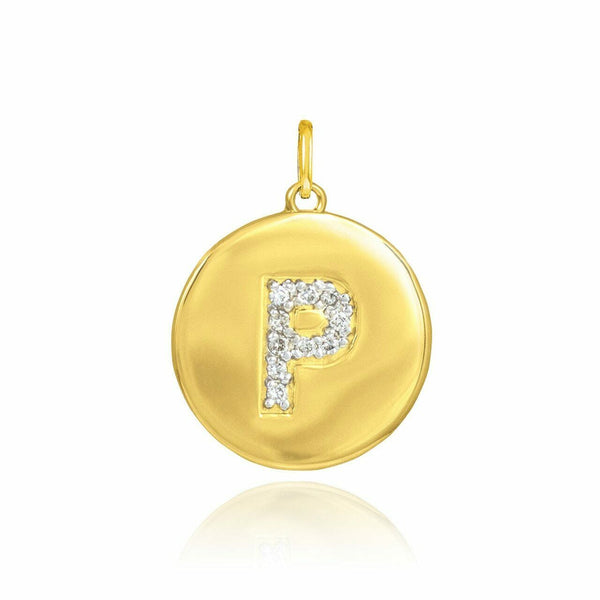 Solid 10k Yellow Gold Letter "P" Initial Diamond Disc Charm Pendant Necklace