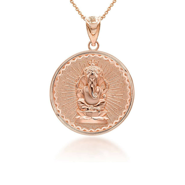 14K Solid Gold Lord Ganesha Hindu Coin Pendant Necklace -Yellow, Rose, or White