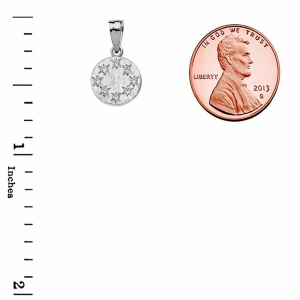 Solid 14k White Gold Small Hammered Diamond Round Pendant Necklace