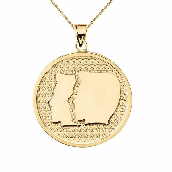 14K Solid Gold Gemini Zodiac Sign Disc Round Pendant Necklace