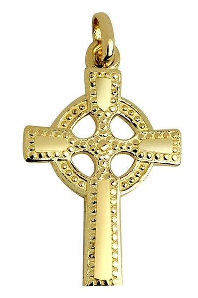 14K Solid Yellow Gold Claddagh Celtic Polished Christian Cross Pendant Necklace