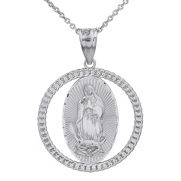 Sterling Silver Cuban Link Frame Our Lady of Virgen Guadalupe Pendant Necklace