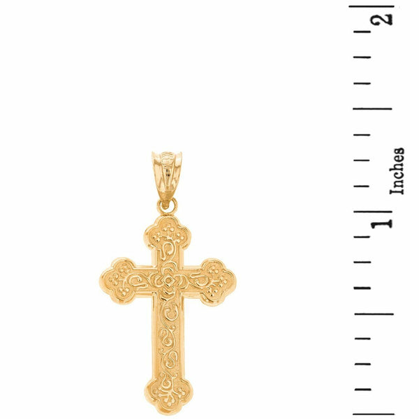 Solid Yellow Gold 14K Greek Orthodox Floral Rose Cross Pendant Necklace