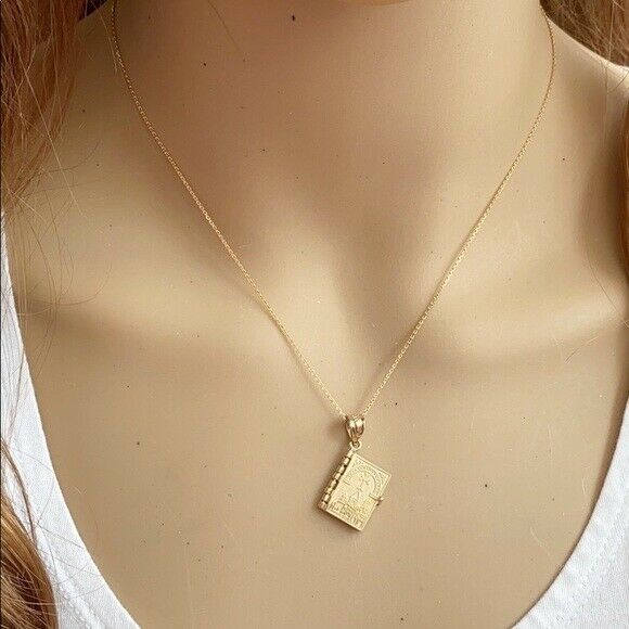 10k Solid Yellow Gold 3D Armenian Holy Bible Book Lords Prayer Pendant Necklace