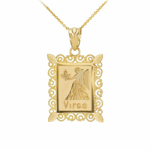 10k Solid Gold Virgo Zodiac Sign Filigree Rectangular Pendant Necklace