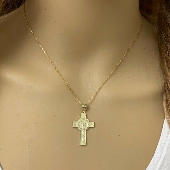 14k Solid Gold St. Saint Michael Pray For Us Celtic Heart Cross Pendant Necklace