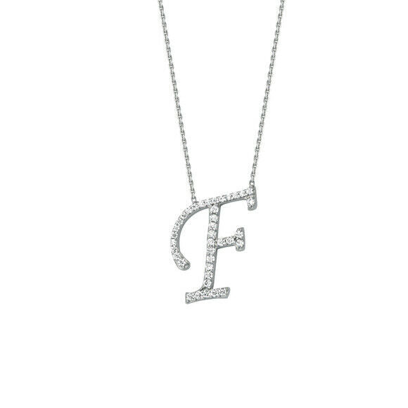 925 Sterling Silver CZ Initial Letter F Necklace Adjustable 16"-18" All Letter