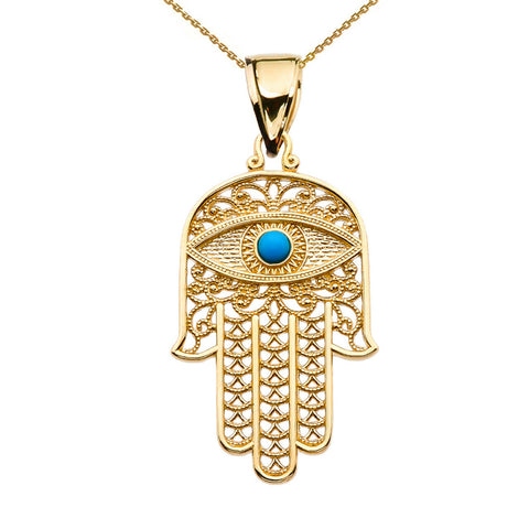 14k Yellow Gold Evil Eye Turquoise Stone Filigree Hamsa Hand Pendant Necklace