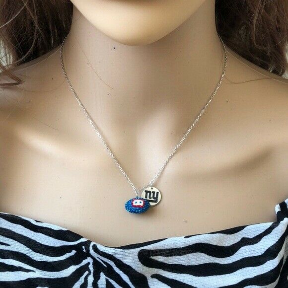 Licensed NFL Team New York Giants Football Crytals Necklace Sterling Silver