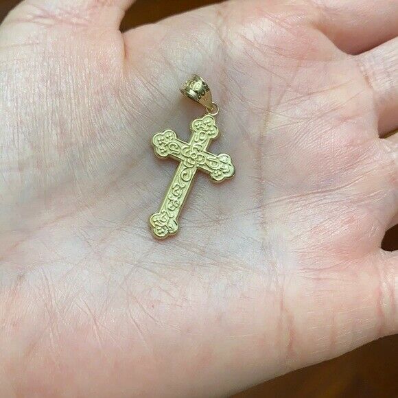 Solid Yellow Gold 14K Greek Orthodox Floral Rose Cross Pendant Necklace
