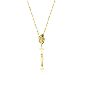 14K Solid Gold Dangle Virgin Mary Triple Cross Necklace Religious 16"-18"