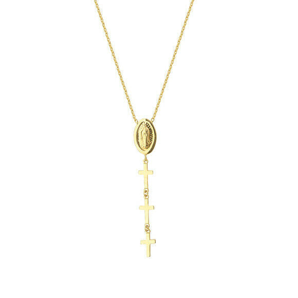 14K Solid Gold Dangle Virgin Mary Triple Cross Necklace Religious 16"-18"