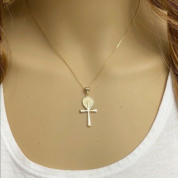 10K Solid Yellow Gold Ankh Cross Tree of Life Pendant Necklace