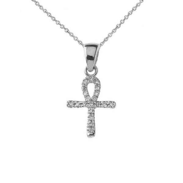10k Solid White Gold Mini Diamond Ankh Cross Pendant Necklace - Minimalist