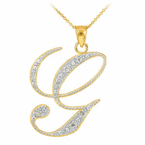 14k Solid Yellow Gold Diamonds Initial Script Letter G Pendant Necklace