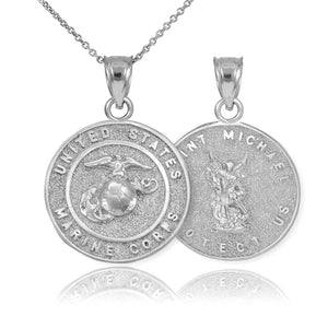 925 Sterling Silver US Marine Reversible Saint St. Michael Pendant Necklace