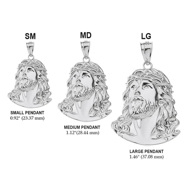 10k White Gold Jesus Christ Face Head Crown Of Thorns Pendant Necklace (S, M, L)
