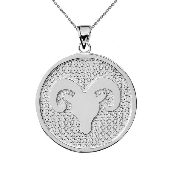 .925 Sterling Silver Zodiac Sign Aries Disc Pendant Necklace