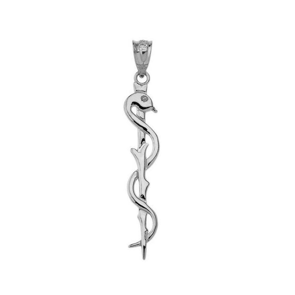 10k 14k Solid Gold Asclepius medicine Symbol Pendant Necklace Yellow White Rose