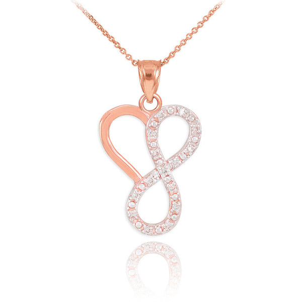 14K Solid Gold Infinity Heart Diamond Pendant Necklace - Yellow, Rose, or White