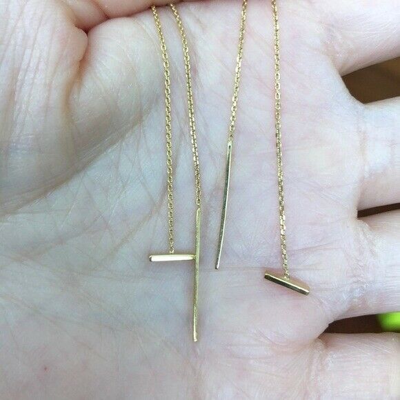 14K Solid Yellow Gold Mini Bar Cable Chain Threader Earrings