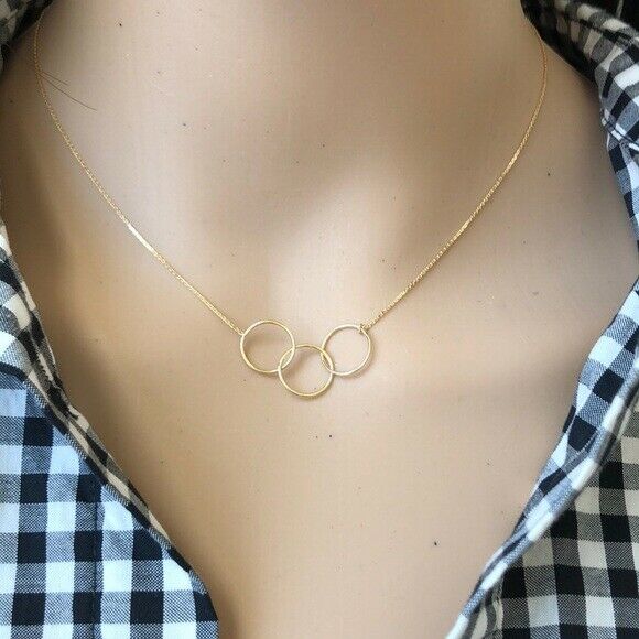 14K Solid Yellow Gold Triple Circle Link Station Necklace - Adjustable 16"-18"