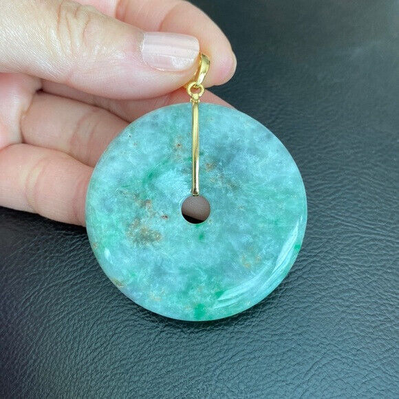 14K Solid Yellow Gold Round Large Donut Natural Jade Pendant Charm Green