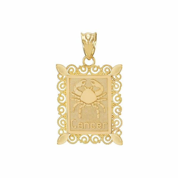 14k Solid Gold Cancer Zodiac Sign Filigree Rectangular Pendant Necklace