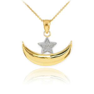 10k Solid Gold Diamond Crescent Moon and Star Islamic Pendant Necklace