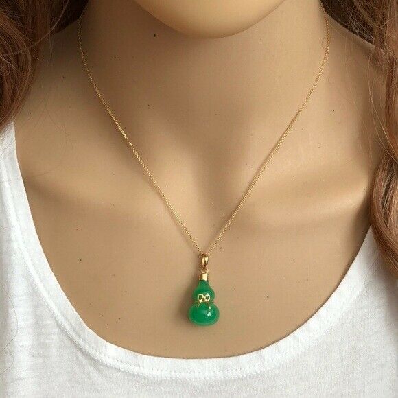 14K Solid Gold Green Jade Gourd Bottle Pendant / Charm Adjustable Necklace