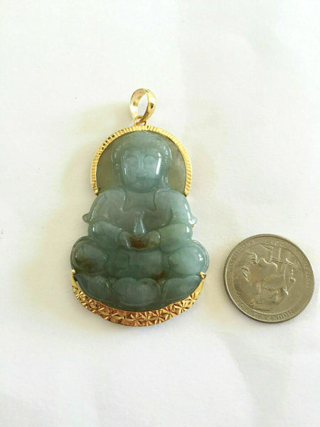 Certified 14K Solid Gold Large Kwan Yin Buddha Natural Jade Pendant - P119