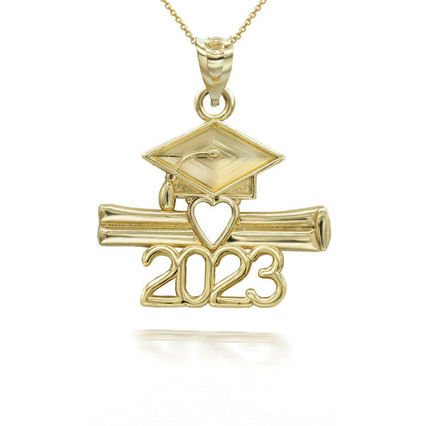 10K Solid Gold Class of 2023 Graduatio Cap and Diploma Pendant Necklace