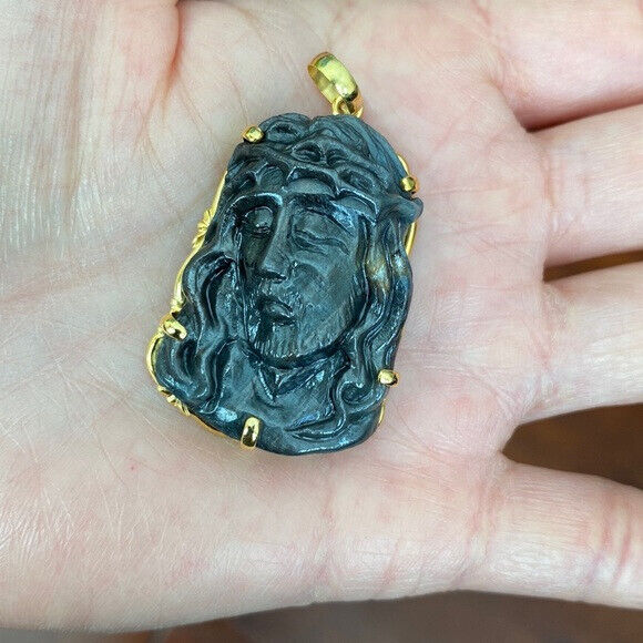 14K Real Solid Gold Natural Sapphire Carving Jesus Christ Head Face Pendant