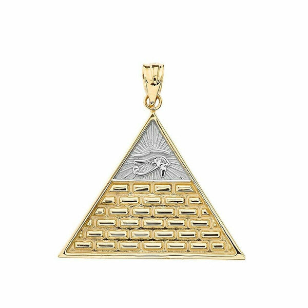 14k Solid Gold Eye Of Horus Pyramid Pendant Necklace In Two Tone Yellow/ White