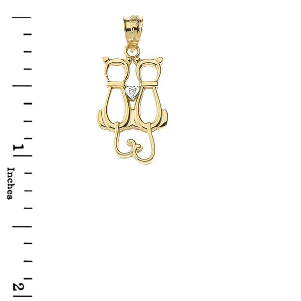 14K Solid Gold A Pair of Love Cats Heart Diamond Pendant Necklace