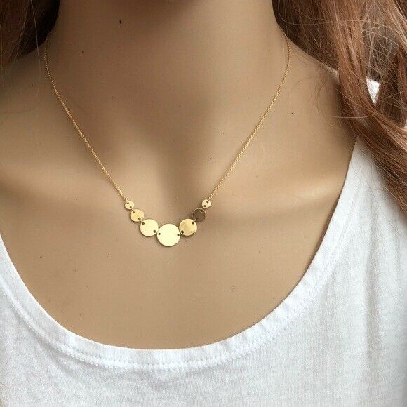 14K Solid Yellow Gold Graduated Disc Disk Necklace Adjustable 16" - 18"