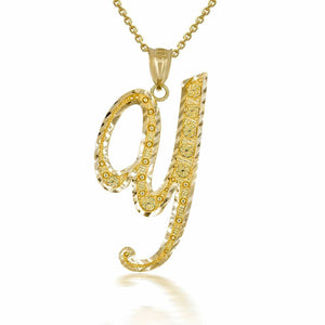 10k Solid Yellow Gold Cursive Initial Letter Y Pendant Necklace