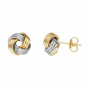 14k Solid Gold Two Tone Triple Tube Loveknot Love-Knot Stud Earrings - 10 mm