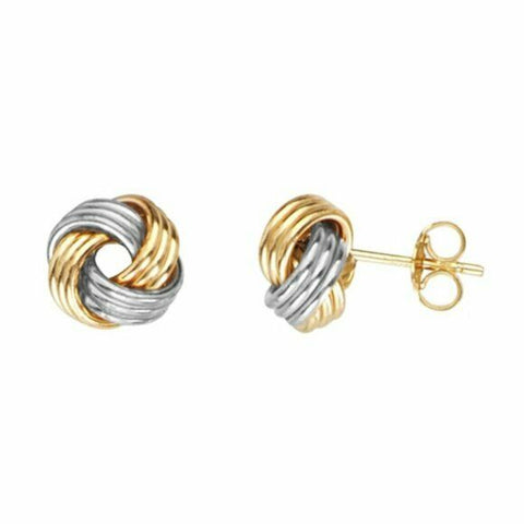 14k Solid Gold Two Tone Triple Tube Loveknot Love-Knot Stud Earrings - 10 mm